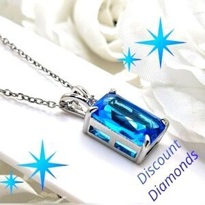 New Blue Topaz & Clear White Baguette Diamond Pendant Necklace 925 Silver Womens